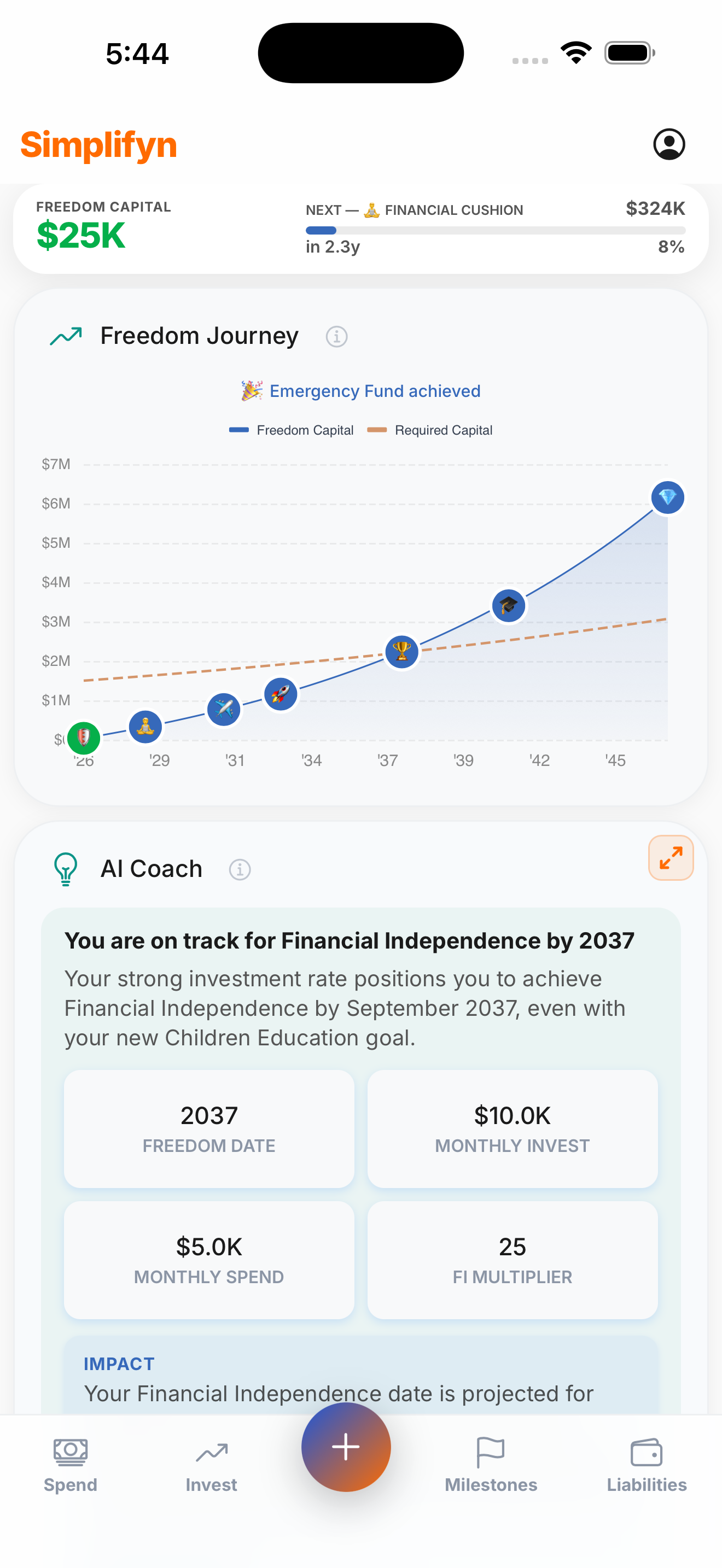 Simplifyn homescreen showing financial freedom journey